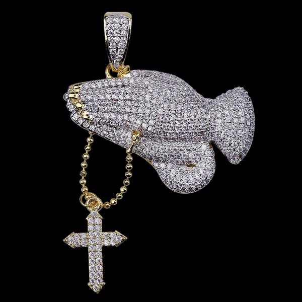 

designer 18k gold christian cross prayer gestures necklace chain hip hop rapper iced out cz zirconia jewelry gifts for men and women, Silver