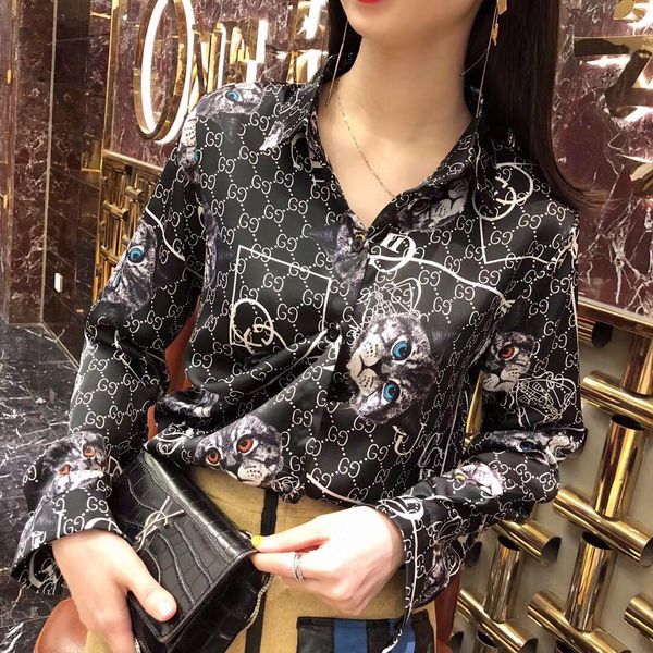 

2020 women spring autumn new logo letter cat print turn down collar long sleeve fashion design chiffon blouse shirt, White