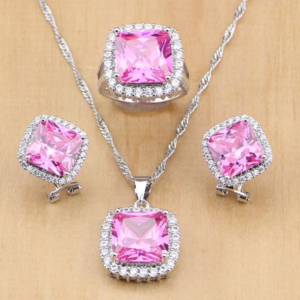 

mystic pink fire cubic zirconia princess 925 sterling silver jewelry sets for women earrings/pendant/necklace/ring, Slivery;golden