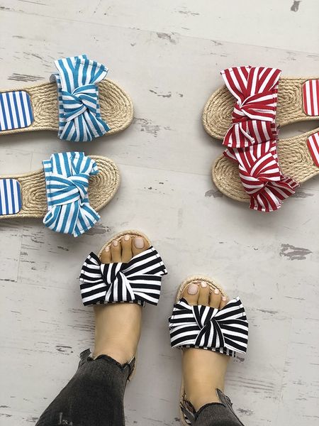 

leisure striped beach shoes summer sweet big bow outdoor slippers fashion women's shoes woman slides, Black