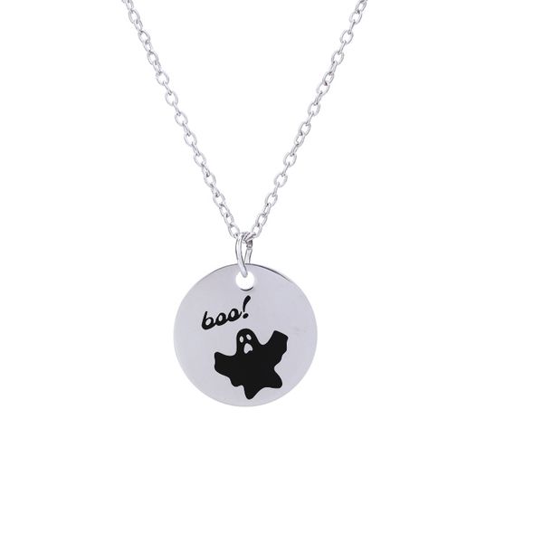 

halloween boo ghost charm pendant necklace stainless steel jewelry 25mm round silver chain children's gift retail drop shipp