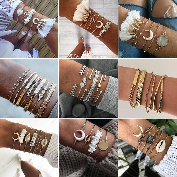 

21style boho women pineapple leaves shell star moon arrow bead chain open bracelet fashion heart letter crystal gem bracelet set, Black
