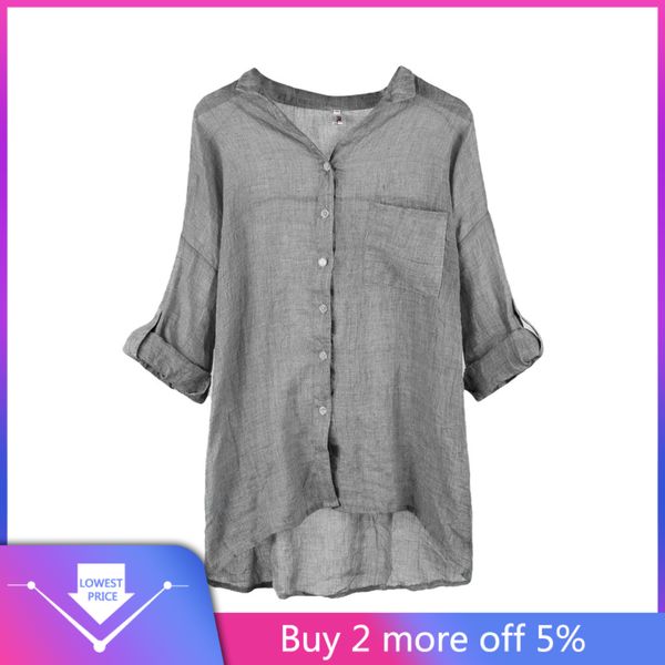 

new fashion blouses women 2019 casual three quarter sleeve robe stand casual ropa mujer linen solid shirts blusas #c11, White