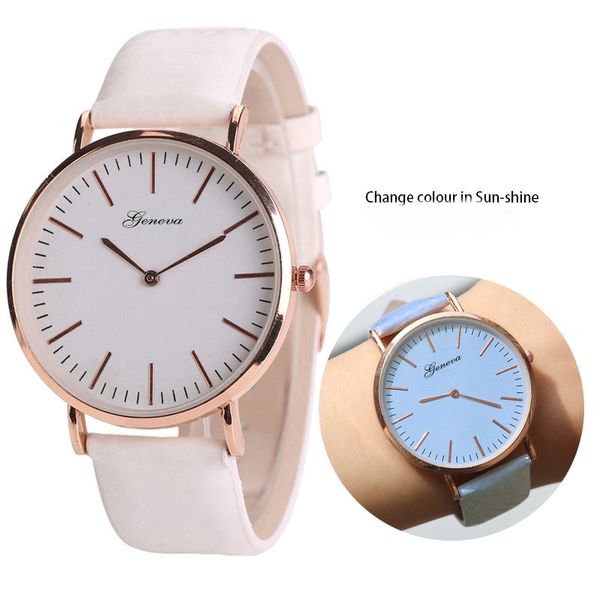 

new platinum sun watch geneva style solar light change color white fashion quartz women wristwatch analog vintage clock, Slivery;brown