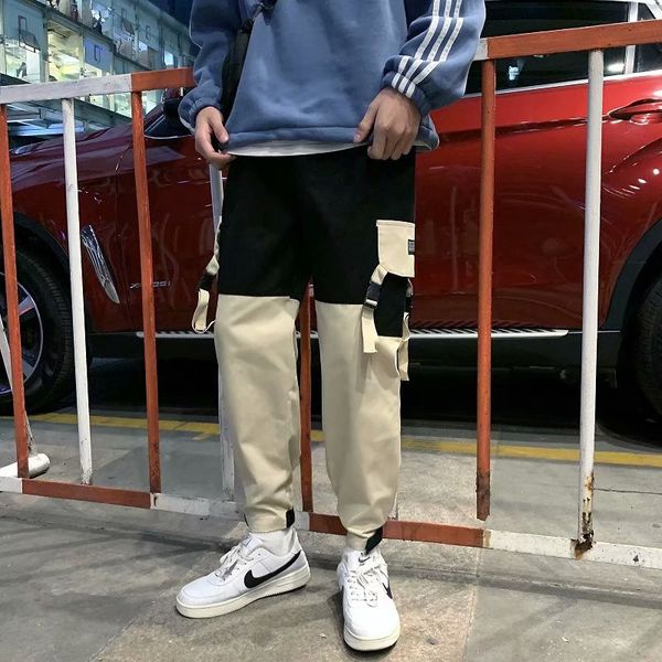 

боковые карманы штаны мужчина повседневной jogger мода tactical hip hop шаровары мужского beam нога брюки tide harajuku streetwear, Black