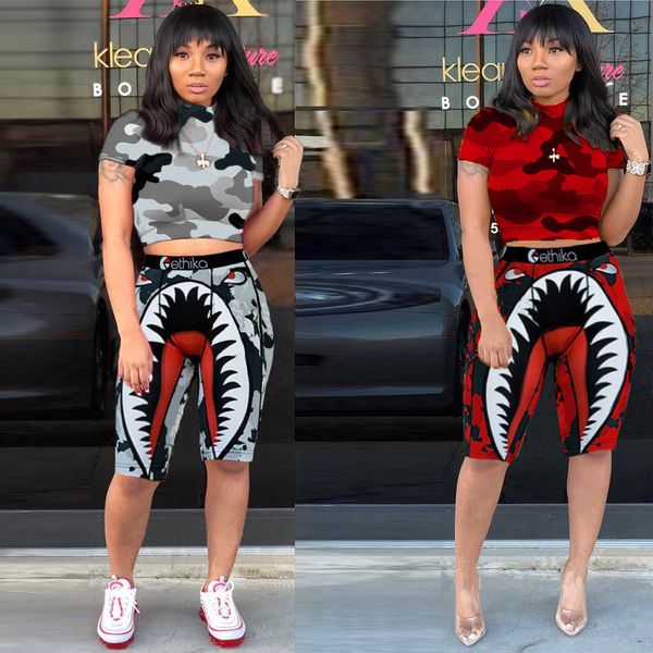 

fashion women shorts tracksuit letter design swimwear shark print t-shirt t shirt + short pants two piece outfits camo patchwork sportswear, White