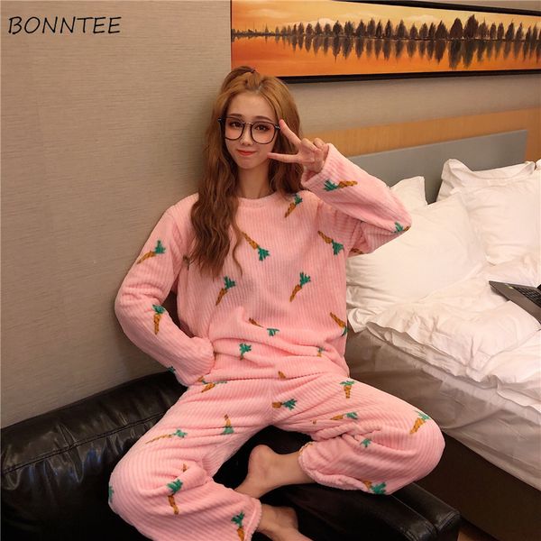 

pajamas for women clothes o-neck autumn winter printed thicken students sleepwear 2 piece womens clothing pajama set, Black;red