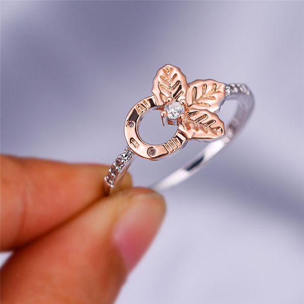 

cute female leaf flower round finger ring silver rose gold bridal engagement ring vintage small zircon wedding rings for women, Slivery;golden