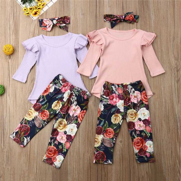 

3pcs floral kids baby girl outfits clothes t-shirt dress+floral pants set, White