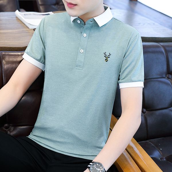 

men's polos lapel t-shirt short sleeve summer trend pure cotton upper garment long shirt spring embroidery t-shi, White;black