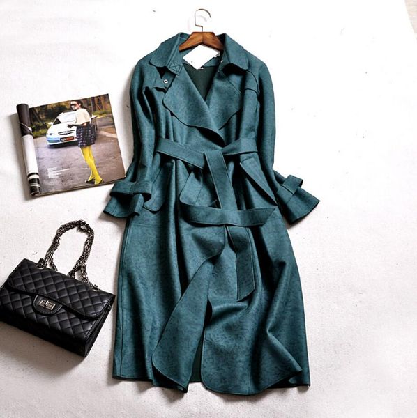

2019 autumn women suede coat fashion long windbreaker plus size casual trench coat women elegant slim long r1635, Tan;black
