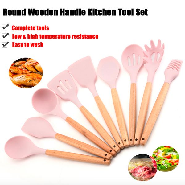 

9pcs wholesale non-stick pan wooden handle silicone kitchenware set safety spoon oil brush drawknife shovel spatulas food cooking tools