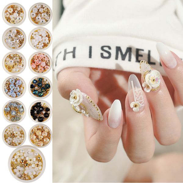 

white shell flower stone nail rhinestones jewelry mixed irregular beads manicure for nails art decorations accessory, Black