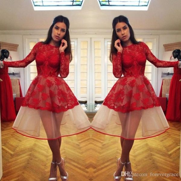 

2019 little red long sleeves homecoming dress a line lace juniors sweet 15 graduation cocktail party dress plus size custom made, Blue;pink