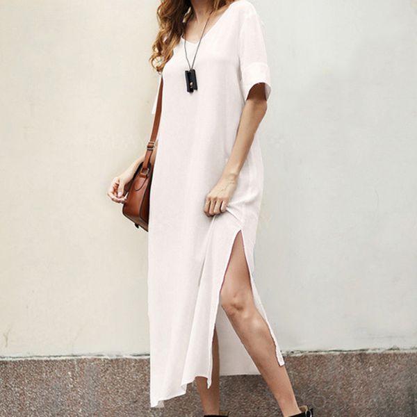 

summer beach maxi dresses women split long dress female short sleeve v neck dresses 2020 new casual brief vestidos, Black;gray