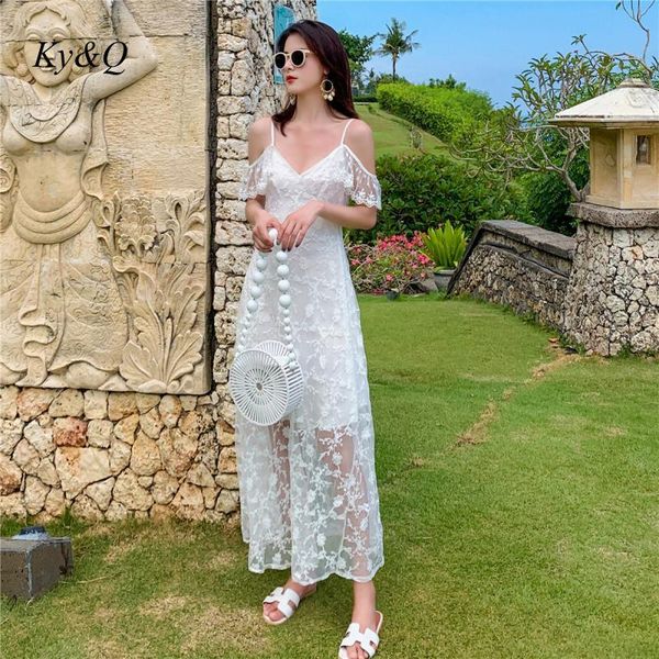 

2020 summer women holiday beach fashion lace long dress white elegant designer luxury v-neck beach party slipdress clothes, Black;gray
