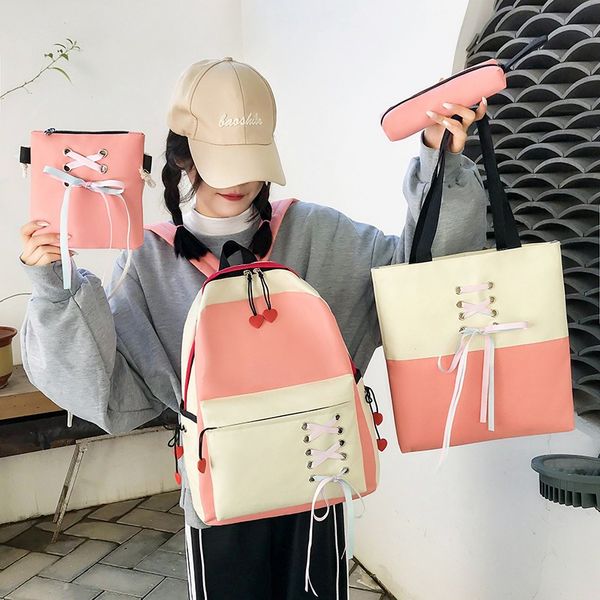 

2020 new backpack ladies korean version of junior high school students schoolbag large capacity four-piece schoolbag women