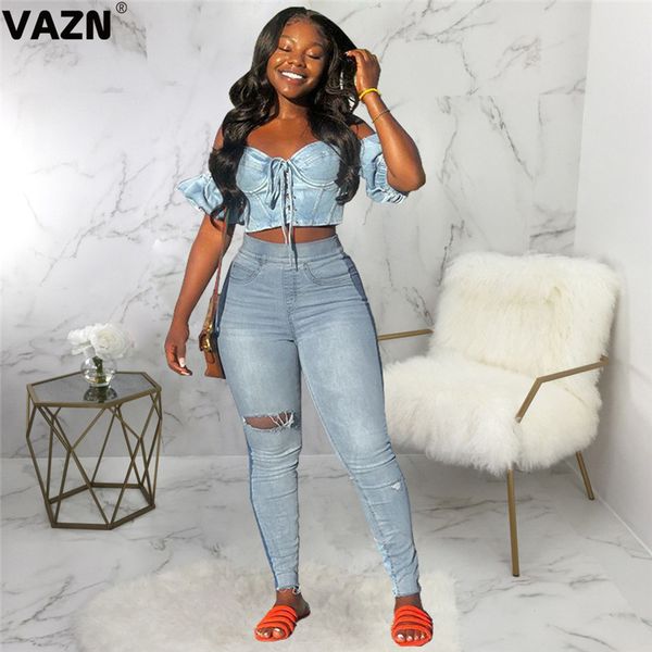 

vazn new fashion women button light blue color jean pants solid long pencil pants club bandage young