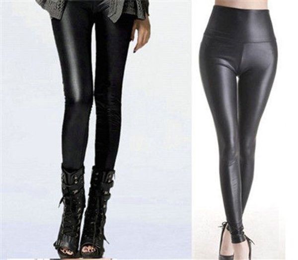 

arrival shiny metallic high waist black stretchy leather leggings