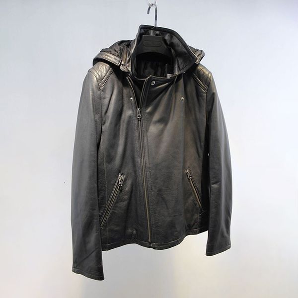 

мужская кожа халат кожаное пальто черный шлем мотоцикла овчины мужской пальто осеннее украшение, Black