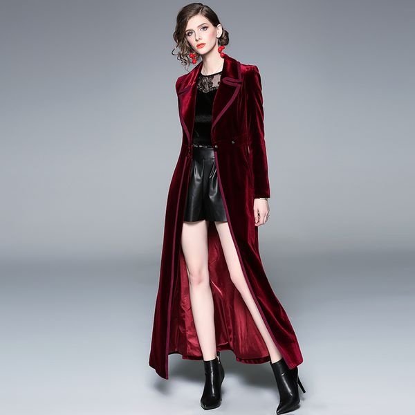 

2019 spring autumn burgundy velvet x-long overcoat women's notched collar outwear vintage ankle length thick maxi trench coat, Tan;black