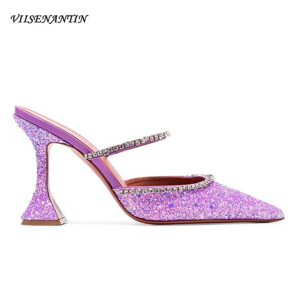 Viisenantin 2019 Verão Sexy Lavanda Glitter Glitter Slides Point Toe Cristal Frisado Correia Lantejoulas De Salto Alto Slippers Shoe Mulheres