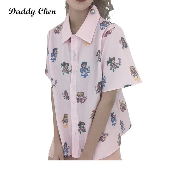 

daddy chen blusas algodon vintage mujer pink sailor moon shirt cute cartoon tshirt women button shirt loose short sleeve kawaii, White