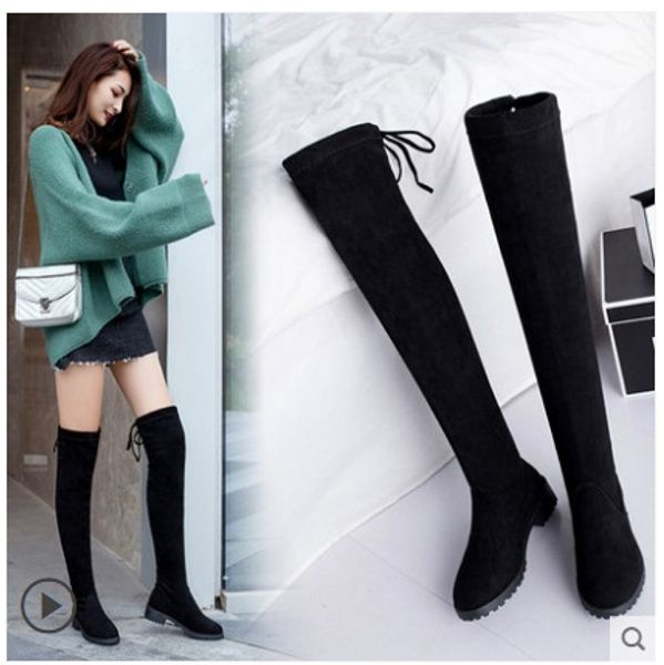 

2018 fashion spring autumn casual flat boots princess sweet women boots stylish flat flock shoes fashion knee-high, Black