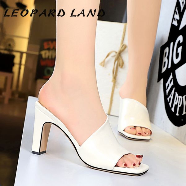 

leopard land 8.5cm heels daily female slippers simple trend hollow word thick high-heeled fish mouth slippers womens shoes ds, Black