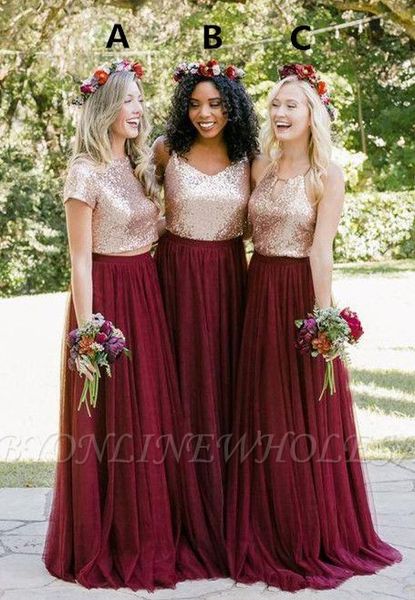 

Beautiful equin chiffon burgundy bride maid dre 2019 a line pleat floor length maid of honor gown country wedding gue t dre