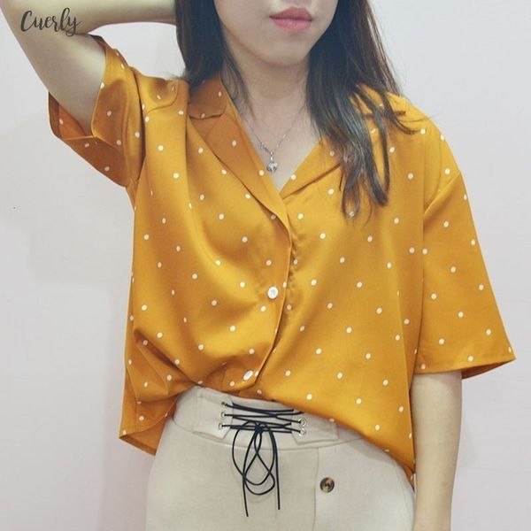 

womens clothing fashion women polka dot summer short sleeve blouse womens turn down collar applique casual short, White