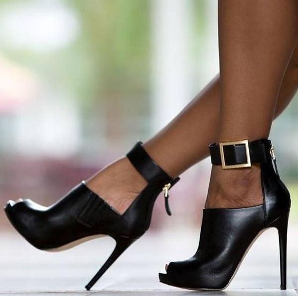 

2018 new spring and autumn models t stage show metal buckle high-heeled fish mouth cool boots hollow female shoes, Black