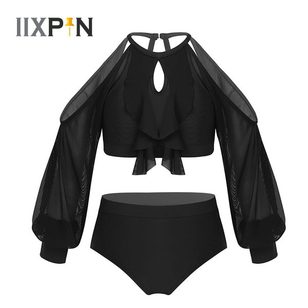 

ballet leotards for girls lyrical dance costumes kids dancewear off shoulder long sleeves caged back ruffled crop and briefs, Black;red