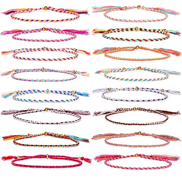 Nova moda feita à mão 4 cores misturadas corda de algodão tecida Vsco Girl Lucky Friendship Bracelet Rainbow Boho Copper Bead Tornozeleira para mulheres e meninas