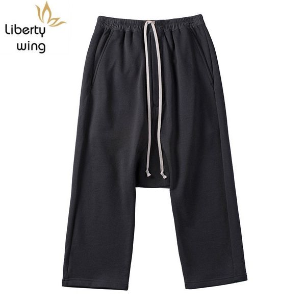 

2020 new comfortable loose fit wide leg harem men elastic waist 100% cotton hip hop black fashion casual calf-length pants