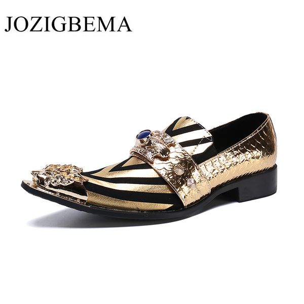 

british style party men dress shoes stripe genuine leather formal shoes gold metal pointed toe business wedding, Black