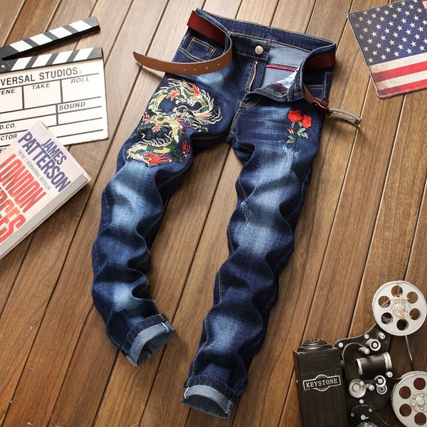 

homme jeans men ripped distressed brand blue denim trousers plus size 29-38 straight male jeans 3d embroidery