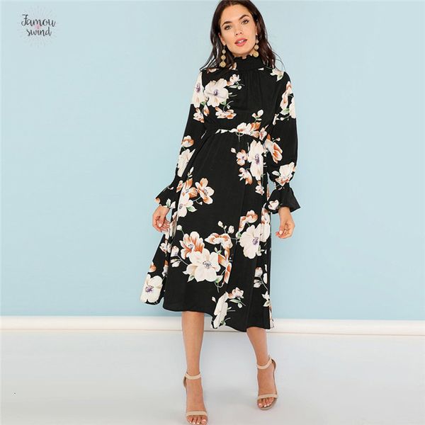 

panel sleeve black dress print mock neck pleated flutter floral elegant ruffle streetwear trip high waist women autumn dresses, Black;gray
