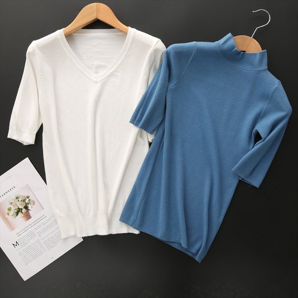 

ice silk knitted half half-high collar short sleeve base shirt t-shirt women slim half-sleeve thin style, White