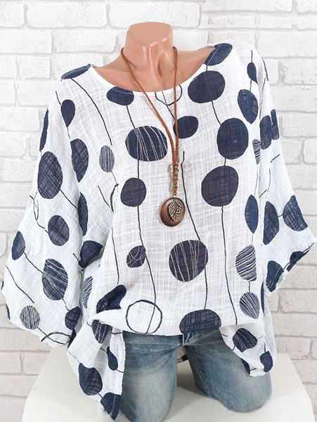 

wipalo women spring summer plus size polka dot batwing sleeve blouse scoop neck three quarter sleeve casual loose blouse shirts, White