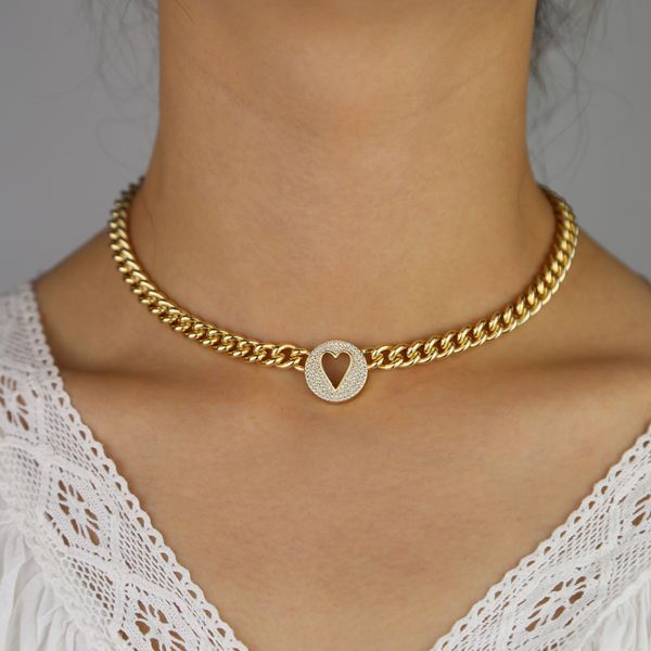 

2019 new arrived hip hop wide curb cuban link chain choker women gold filled round heart cz luxury women chain necklaces jewelry, Golden;silver