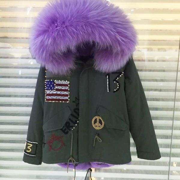 

usa beading short style women army green jacket faux fur lining coat mrs. raccoon fur collar jacket, Black