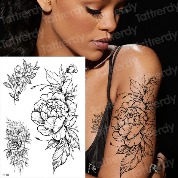 Acheter Tatouage Temporaire Manches De Tatouage De Fleurs Noires Autocollant Pour Transfert Deau Tatoo Pivoine Rose Tatouages Body Art Sexy