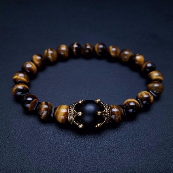 

charm bracelet for men fashion luxury antique crown tiger eye stone bead bracelets jewelry asian style bracelets, Black