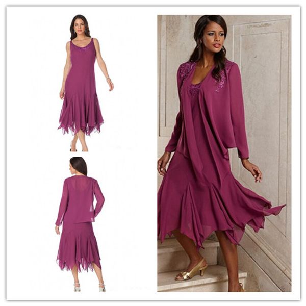 

2019 vintage elegant chiffon plus size mother of the bride dresses with jacket tea length groom pant suits gowns for weddings, Black;red
