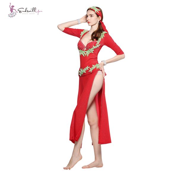

belly dance costume 5 pieces set dance robe, Black;red