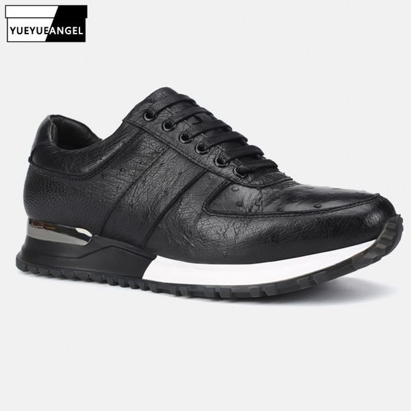 

ostrich skin genuine leather mens casual leather fashion pointed toe lace up male outdoor travel sneakers shoes, Black
