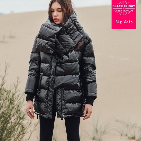 

2019 winter new fashion brand 90% white duck down jacket female big size warm longer down coat with a beautiful bib wq151, Black