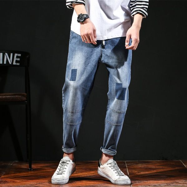 

spring irregular jeans men trend loose and plus-sized stitching harem pants ankle banded pants fat men's, Blue