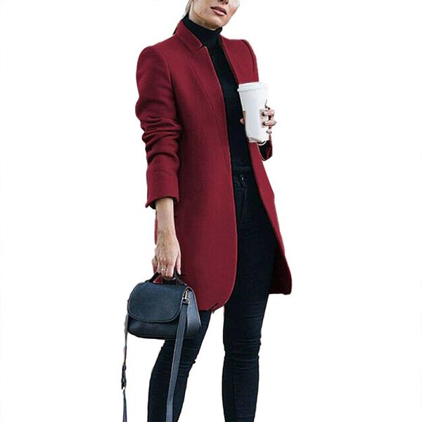 

2020 new plus size womens woolen coat office lady autumn solid color stand collar woolen long coat cardigan for womens clothings, Black